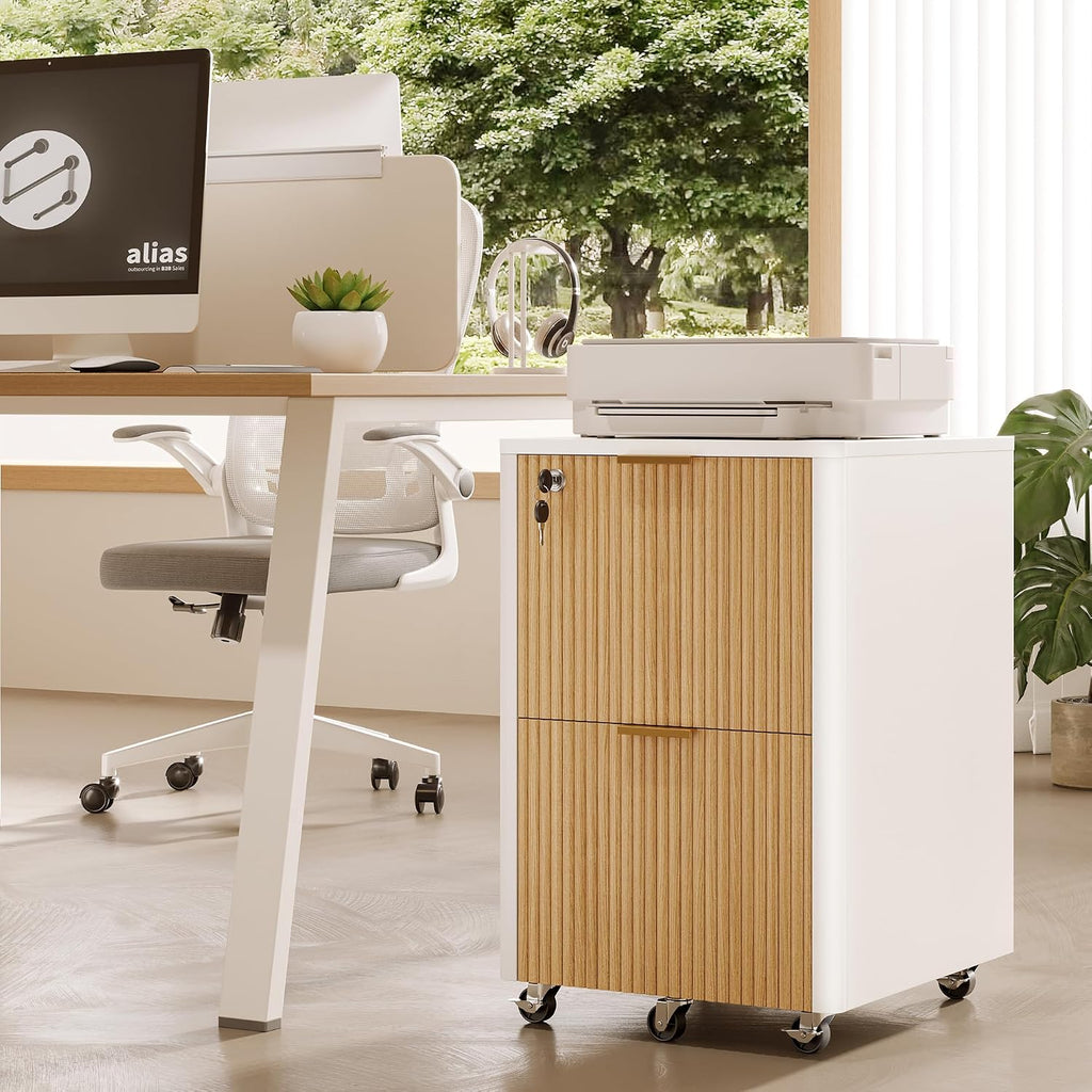 2 drawers fluted mobile file cabinet with lock, view 9