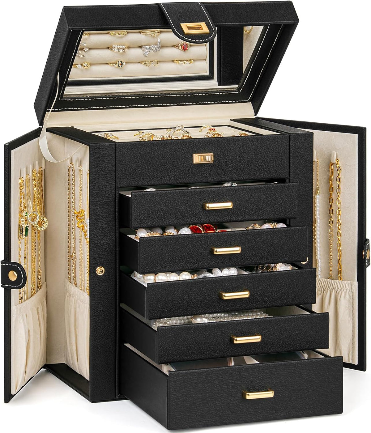 AKOZLIN 6-Tier Jewelry Box Organizer 5 Drawers Storage Medium Black