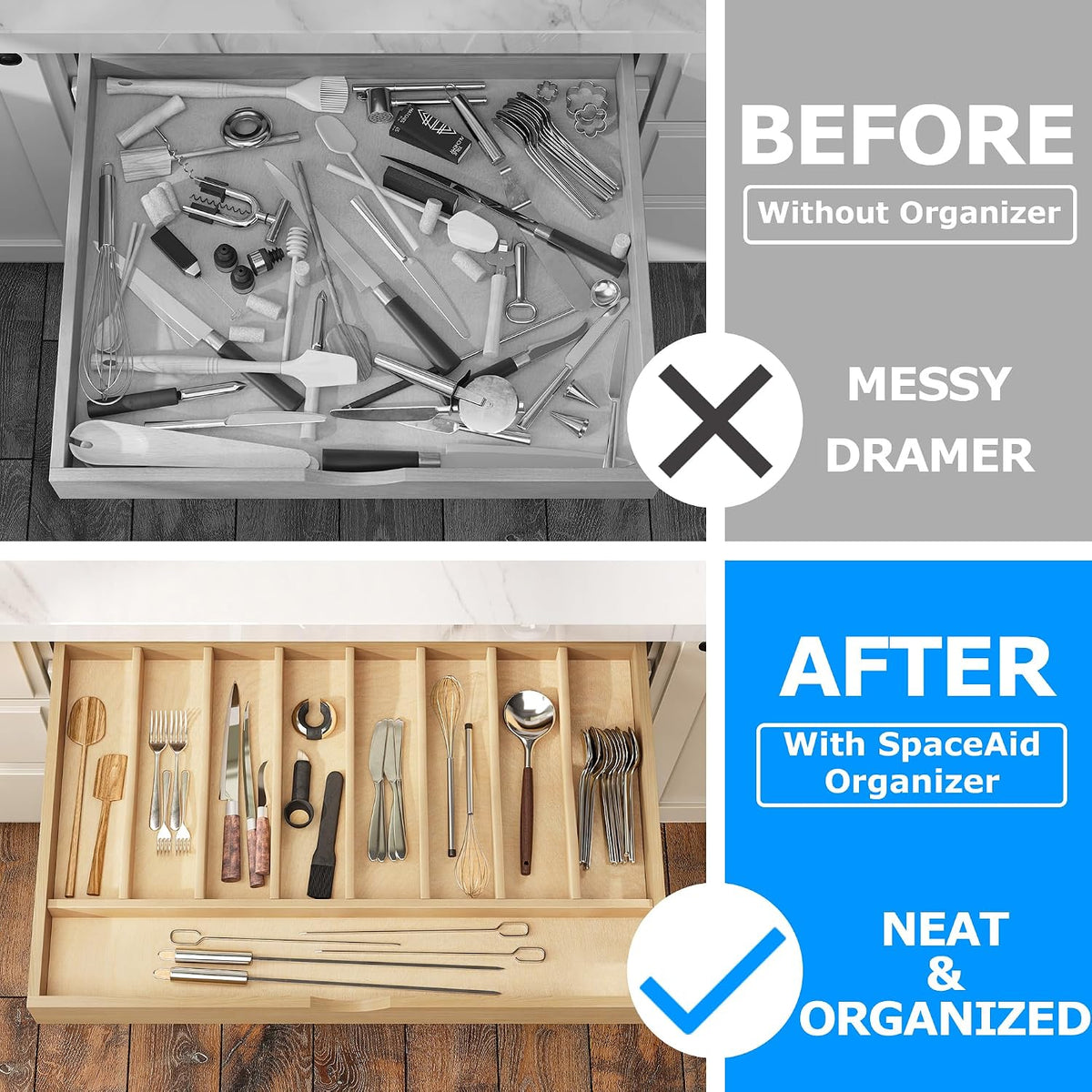 WelFurGeer Solid Birch Wood Silverware Drawer Organizer, Wooden Cutlery Drawe...