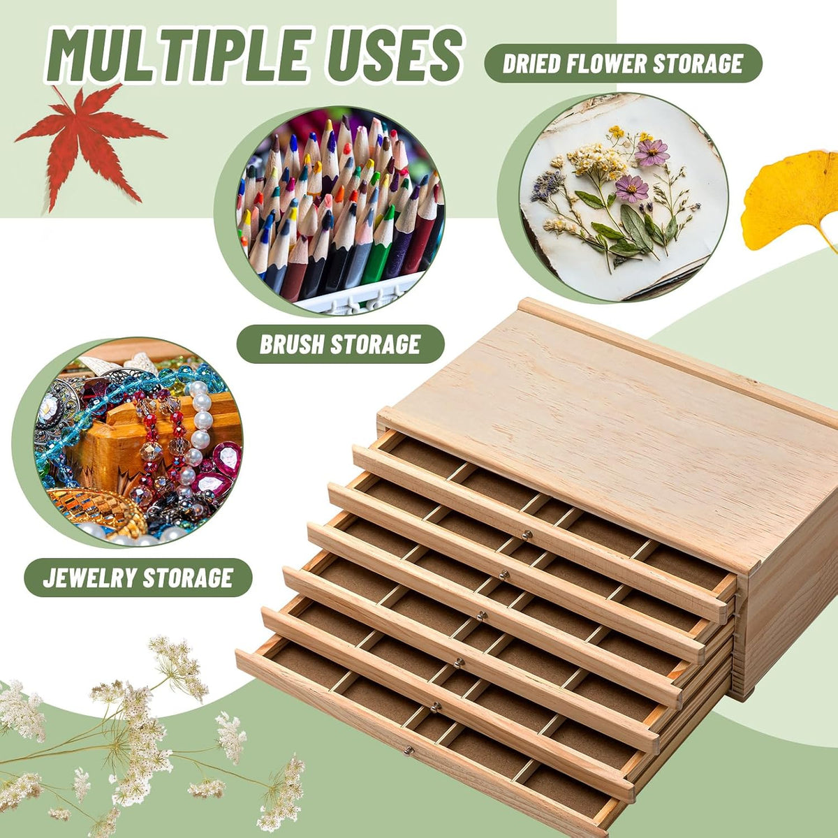 aceorbit 6 drawer wooden pressed flower storage box, front angle view