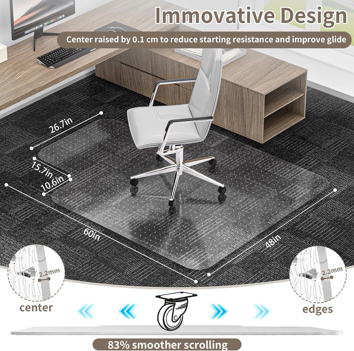 Office Chair Mat for Low Pile Carpet, 48"x60" Clear Smooth Glide wi...
