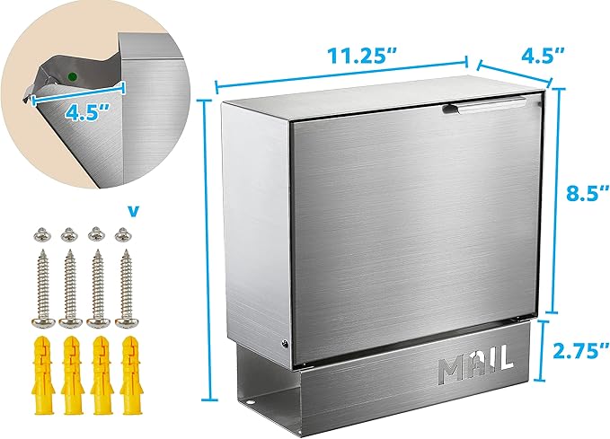 Pochar Stainless Steel Mailbox for Walls, Heavy Duty Wall Mounted Mailbox - Image 3