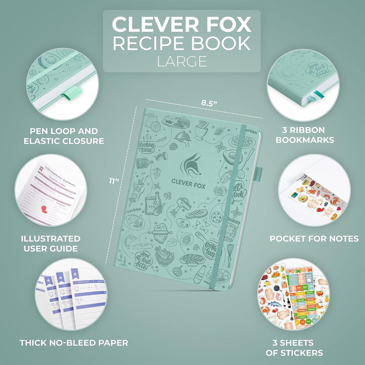 Clever Fox Recipe Book to Write in Your Own Meals 8.5x11.2 Mint Cream | Blank cook book notebook, Cooking & baking essentials for women, teens, kids & girls, Make your own DIY baker's notebook