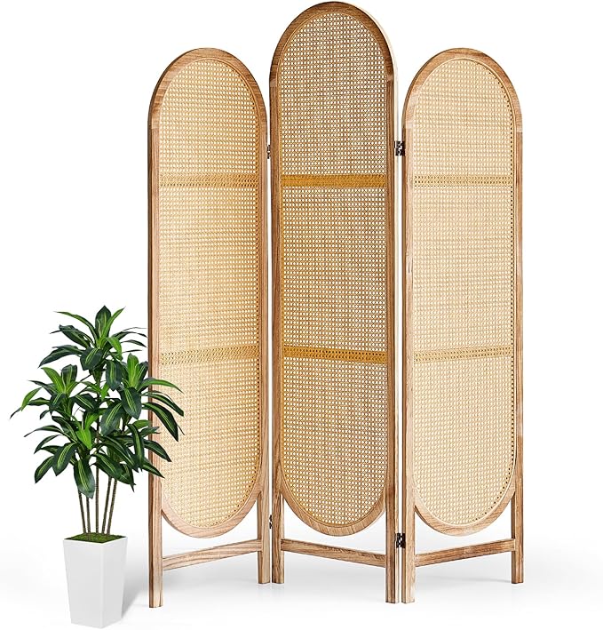 Asnefeli Room Divider 3 Panels, Hand-Woven Rattan Room Divider Wall, Foldable by AsNefeli