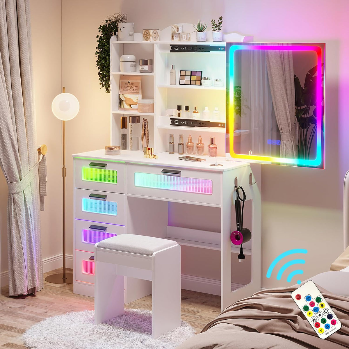 HNEBC Makeup Vanity Desk with Sliding Lighted LED Mirror&USB Port,White