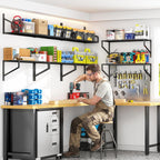 threehio 3 pack garage wall shelving, heavy duty shown in use