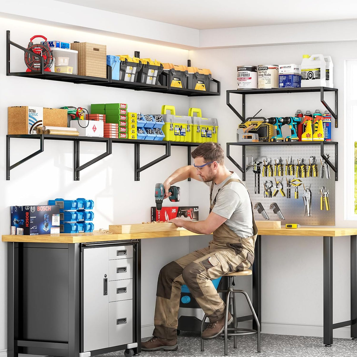 threehio 3 pack garage wall shelving, heavy duty shown in use