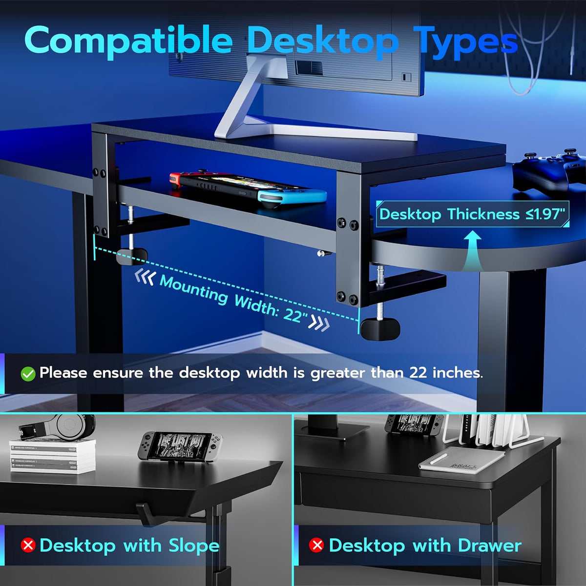 ARES WING Clamp-On 21.7" Desk Extender Shelf, Heavy Duty Desktop Organizer