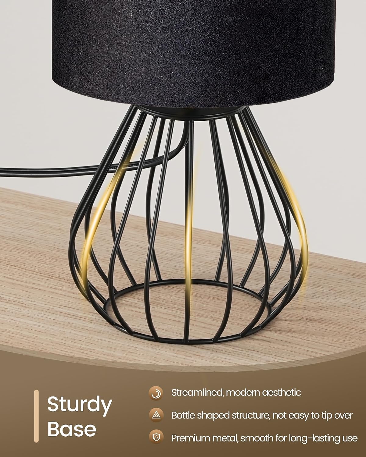 Black Table Lamp,12.6" Small Bedside Lamp, Velvet Lampshade