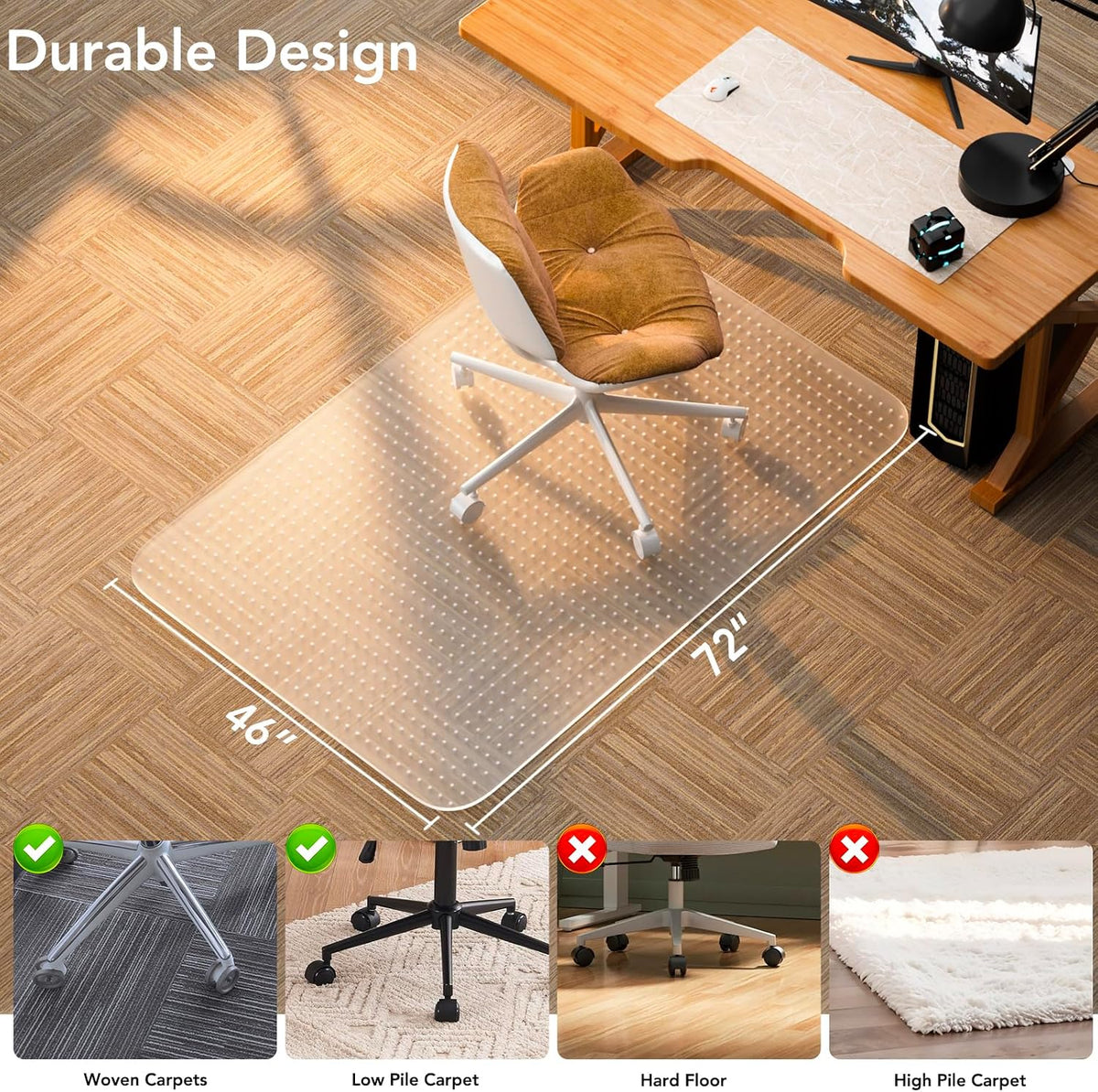 Office Chair Mat for Low Pile Carpet, 46" x 72" Clear Plastic