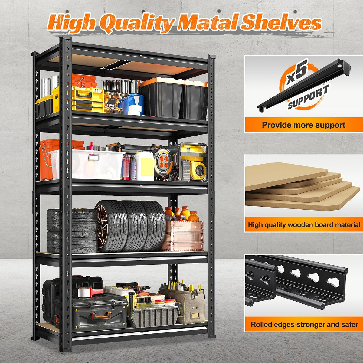 reibii 2 pack garage shelving,5 tier heavy duty, side view