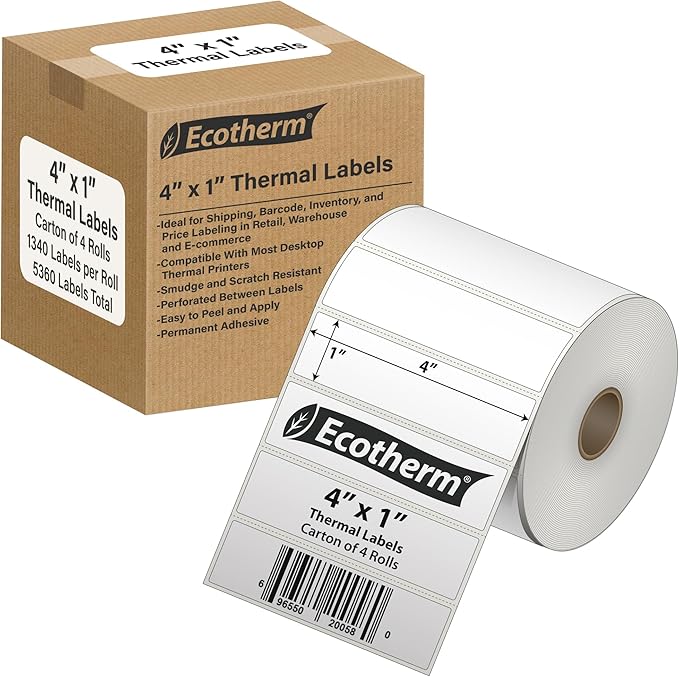 4" x 1" Thermal Labels | 4 Rolls | 5360 Labels | fits Zebra, Offnova Thermal by EcothermProducts