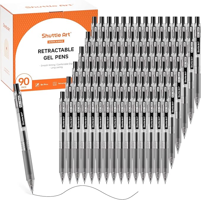 Shuttle Art Black Gel Pens, Ink Glide Series 90 Pack Retractable 0.5mm Fine by ShuttleArt