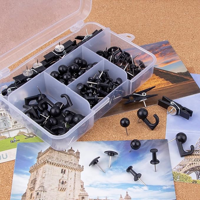 Black Push Pins Set, 5 Styles 140-count Thumb Tacks Map Pins, Steel Point and - Image 4