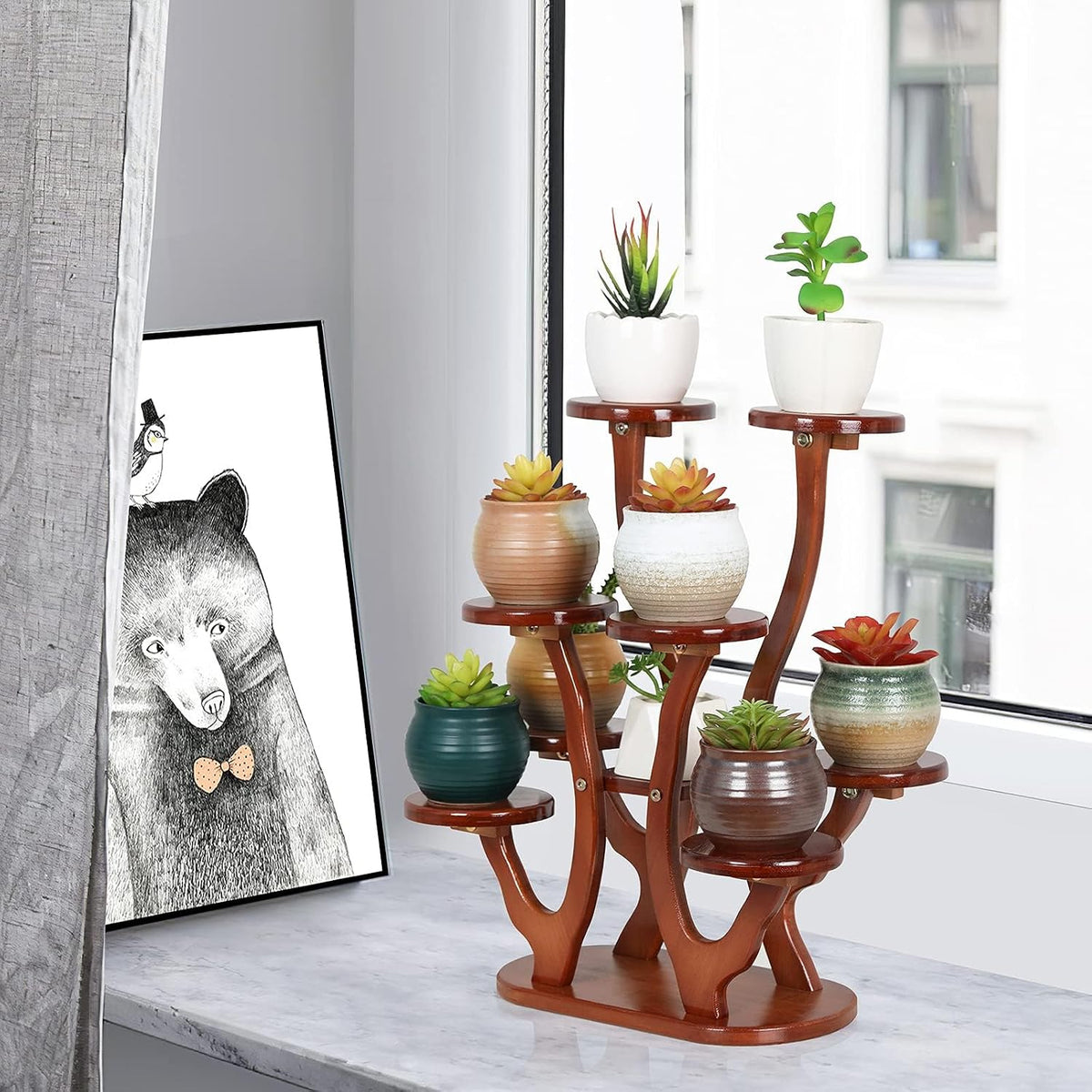 9 Tier Bamboo Plant Stand Indoor, Windowsill Small Succulent Shelf