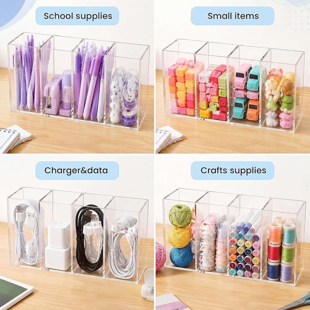 3 Pack Clear Acrylic Pencil Holder, 4 Compartments Pen Organizer | 9 Inch Pencil Holders for Desk, Pencil Cup, Makeup Brush, Back to School Supplies for Classroom, Office, Home, Desk