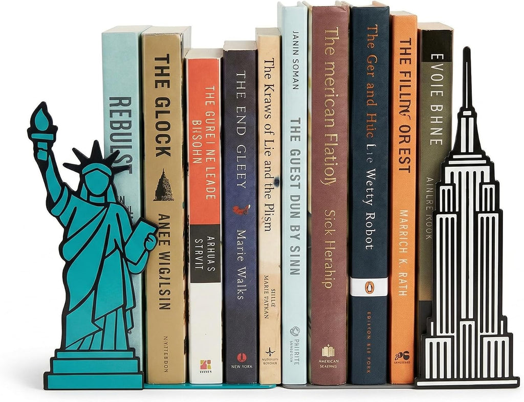 NYC Bookends with Statue of Liberty and Empire State Building Design - Steel with Epoxy Coating - Decorative Pair of Book Holders for Shelves, Desk, and Office - Geguton