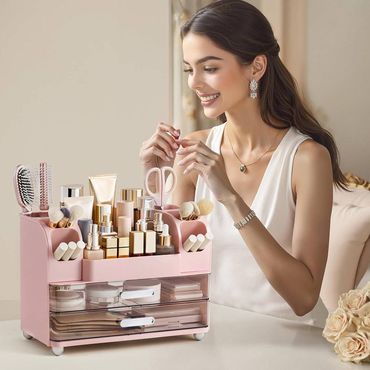 HBlife Makeup Organizer for Vanity with Brush Holder, Large Bathroom Countert...