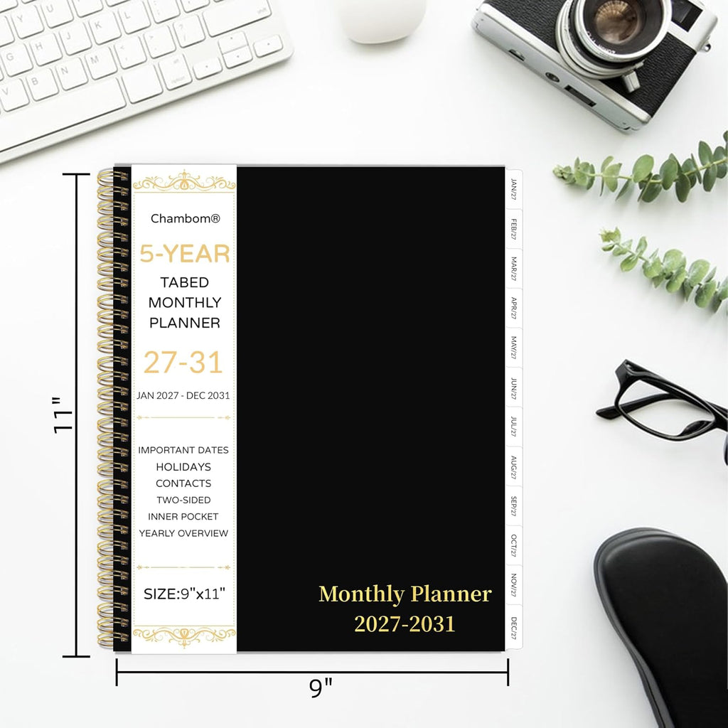 2027-2031 Monthly Planner, 5 Year Monthly Planner/Calendar 20276-2031, 60-Month Jan 2027 – Dec 2031, 9" x 11", Tabs, Double-Side Pocket, Holidays, Thick Paper, Polypropylene Cover - Black