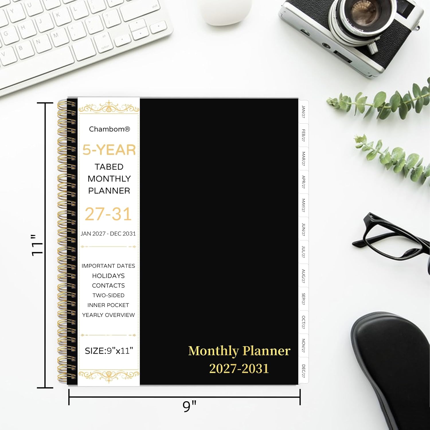 2027-2031 Monthly Planner, 5 Year Monthly Planner/Calendar 20276-2031, 60-Month Jan 2027 – Dec 2031, 9" x 11", Tabs, Double-Side Pocket, Holidays, Thick Paper, Polypropylene Cover - Black