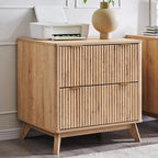 T4TREAM 31.8-Inch Fluted 2 Drawer Lateral File Cabinet, Natural Oak | Filing Cabinet with Files Hanging Rod for Letter, Legal, A4, Large Tabletop for Printer, Wood Printer Cabinets, Home Office