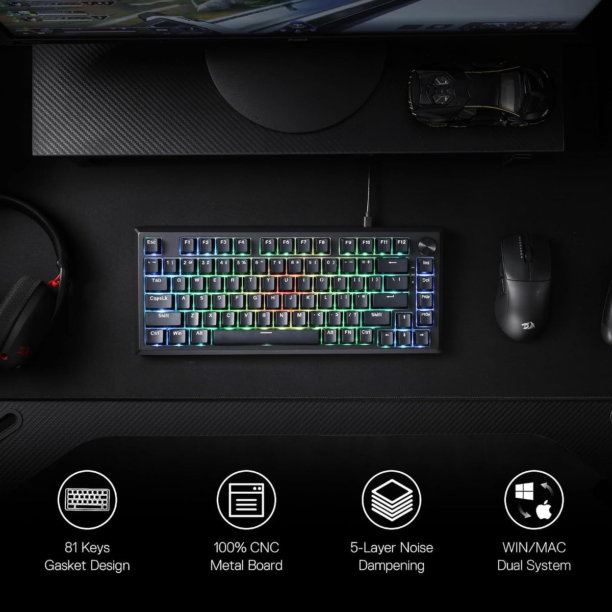 Redragon K687 Wired CNC Gasket Gaming Keyboard, 81 Keys Mechanical Keyboard w...