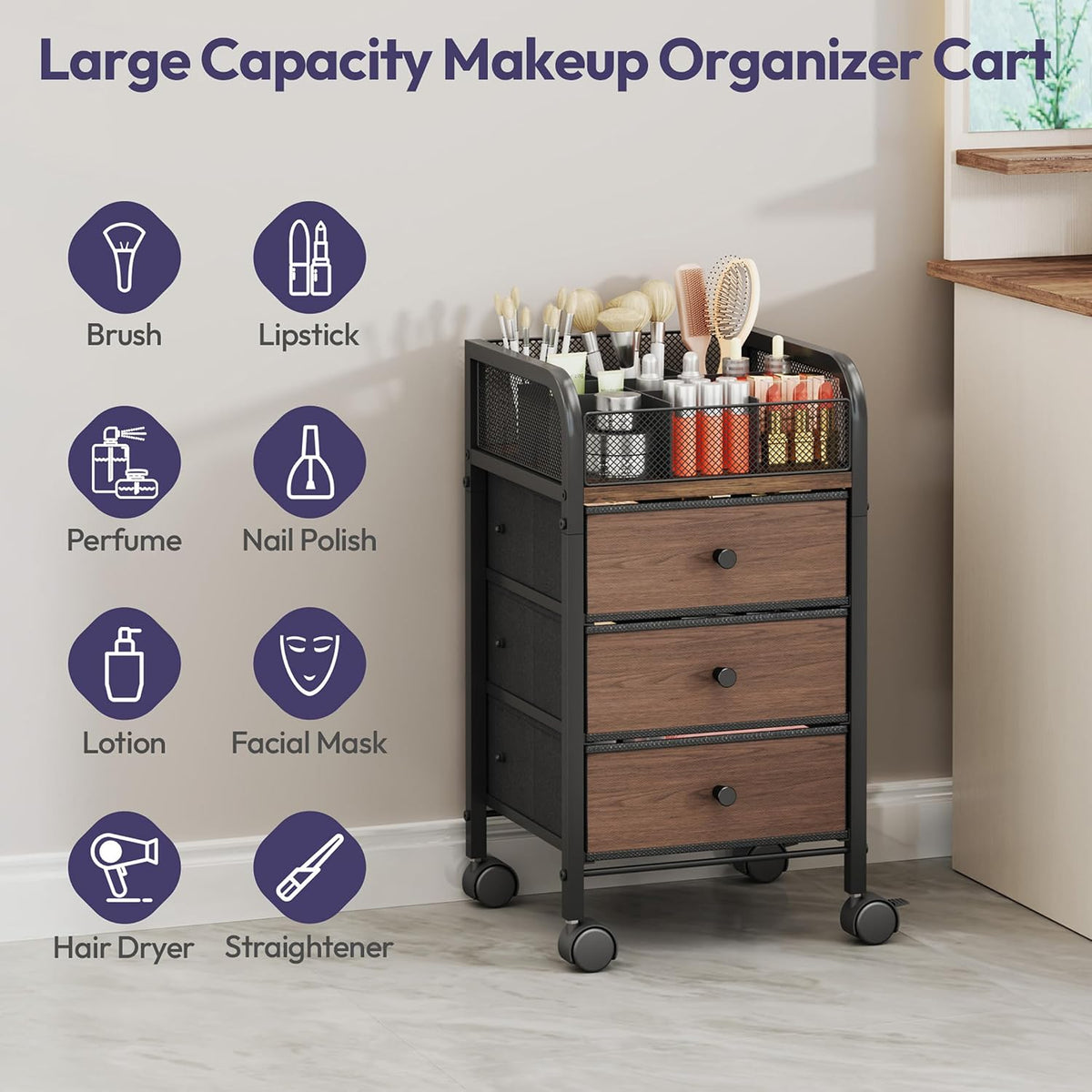 SWTYMIKI Rolling Makeup Organizer Cart - Under Desk Vanity Makeup Storage wit...