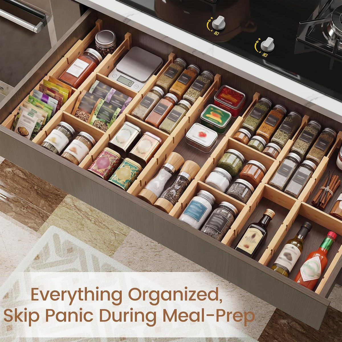 Bamboo Drawer Dividers 8 Pack with Inserts, Kitchen Adjustable Drawer Organiz...