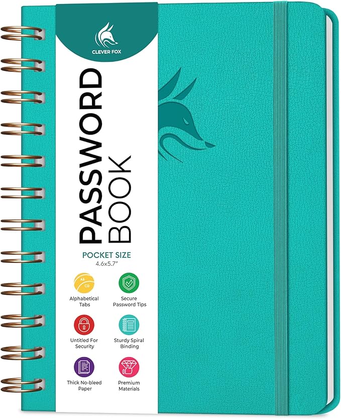 Clever Fox Password Book Spiral – Mini Internet Address & Password Organizer by CleverFox