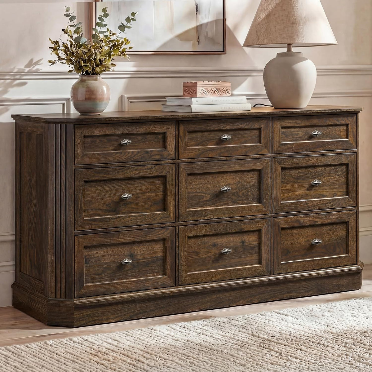 Farmhouse 9 Drawers Walnut Dresser for Bedroom, 63.07" Wide Chest of Dra...