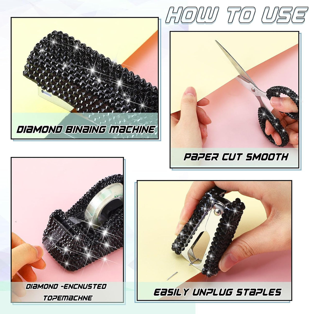 Demissle 6 Pcs Bling Office Desk Accessories Crystal Kit, Black