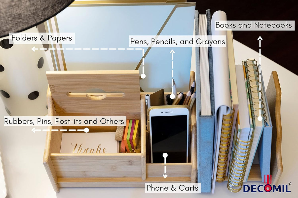 DECOMIL Bamboo Desk Organizer, Wood Desktop Shelf, Perfect Office Decor for O...