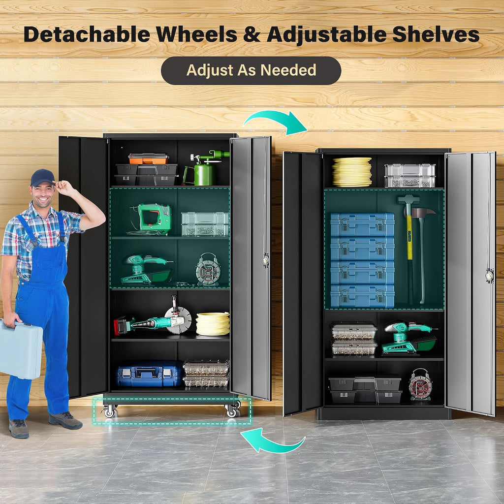 sisesol 75" tall metal storage cabinet with wheels,rolling, side view