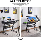 Yaheetech Drawing Table, Art Craft Desk with Adjustable Tabletop, Painters/Artist Work Station, Study Table with Stool, Tempered Glass Top