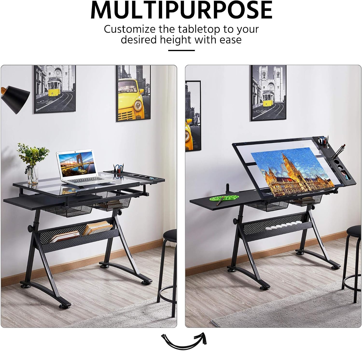 Yaheetech Drawing Table, Art Craft Desk with Adjustable Tabletop, Painters/Artist Work Station, Study Table with Stool, Tempered Glass Top