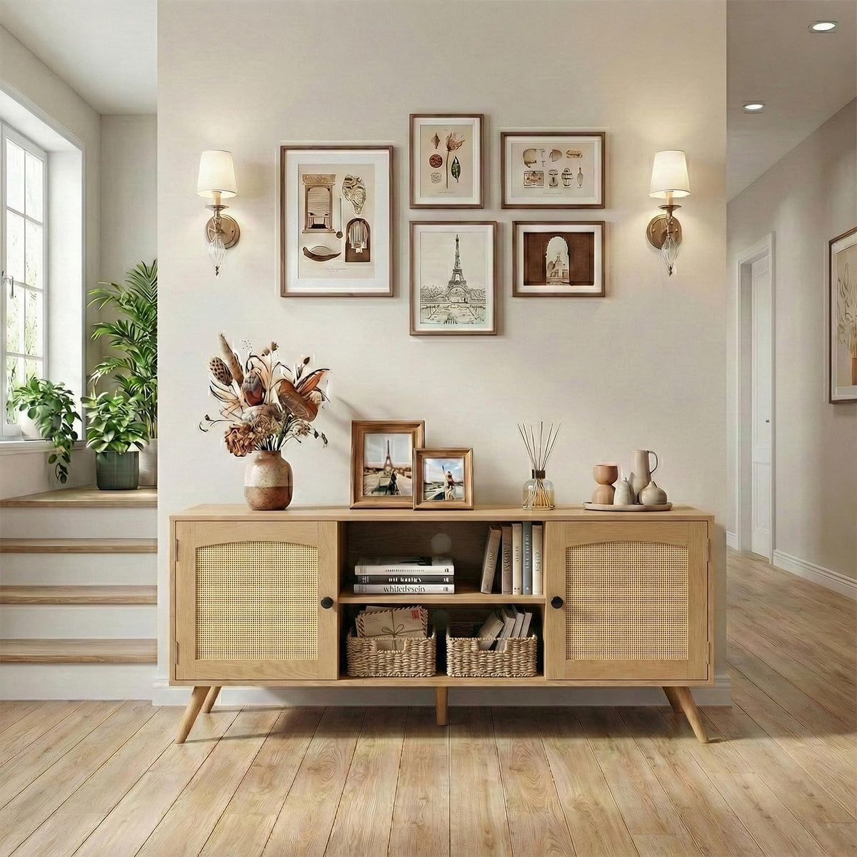 holzart Mid Century Modern Rattan TV Stand for 55/60 Inch TV - 53" Boho ...