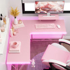 Mr IRONSTONE Gaming Desk with LED Lights, L Shaped Desk Corner with Cup Holder & Headphone Hook, Computer Desk Home Office Desks with Large Monitor Stand, Carbon Fiber Surface, Pink 51 Inch