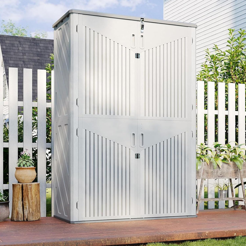 aoxun outdoor storage shed, 64 cu.ft vertical resin, front angle view