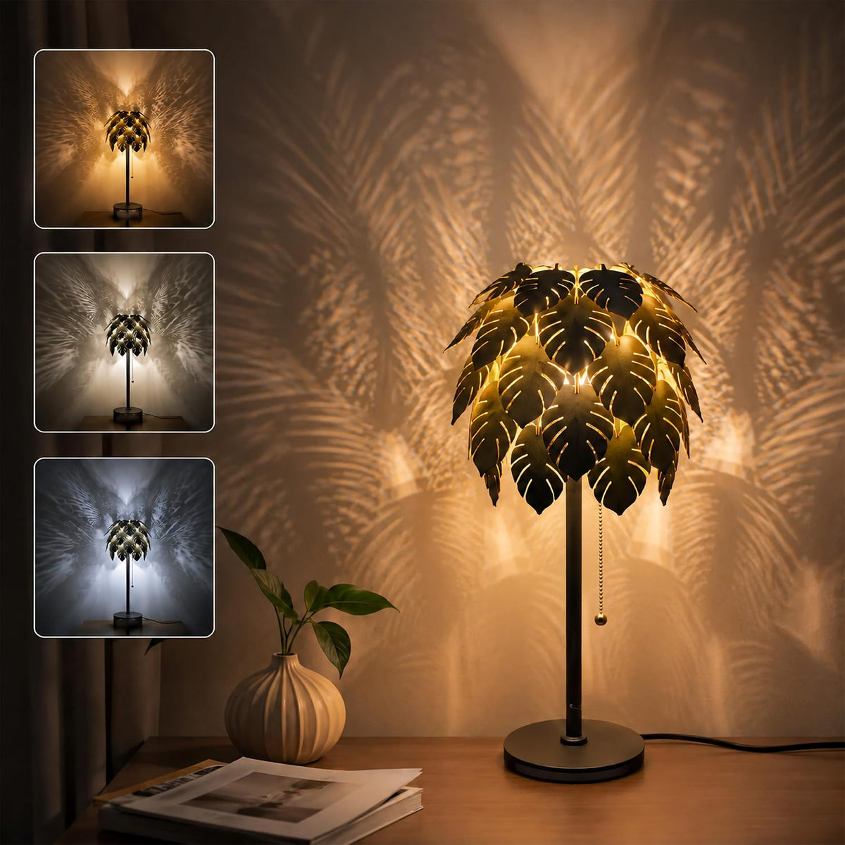 DIY Wood Monstera Table Lamp for Bedroom, Dimmable Lamp with Pull Chain
