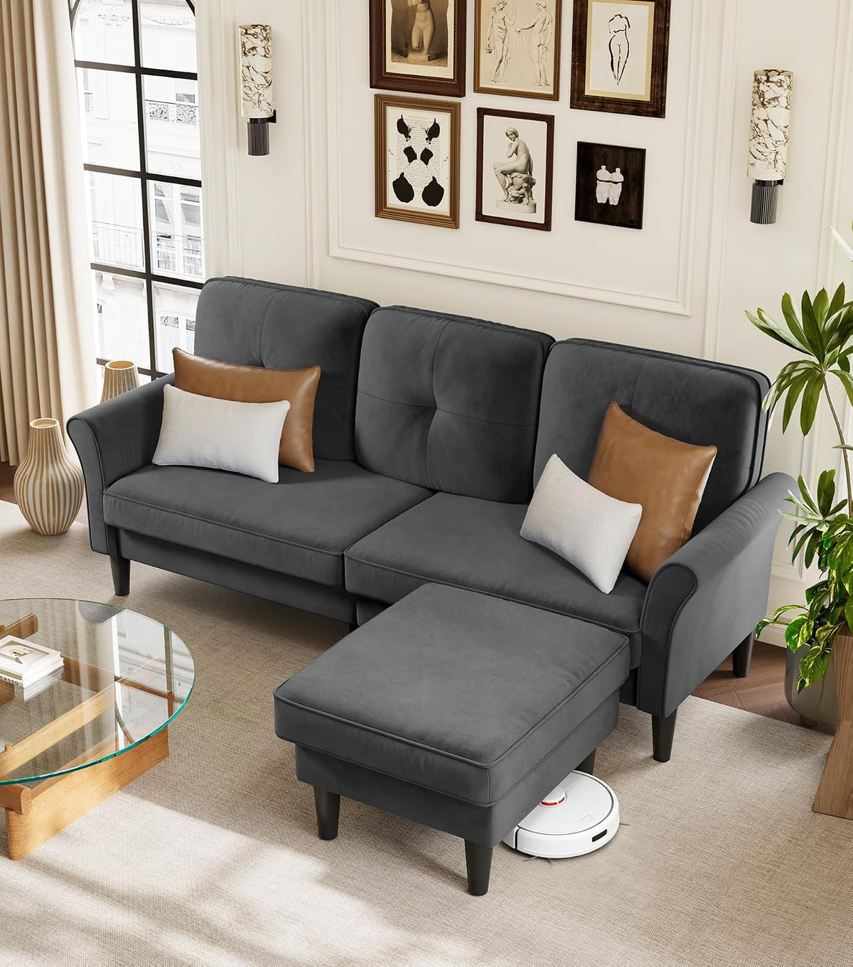 Welzona Velvet Ottoman, 25" Comfy Square Foot Stool for Sofa Couch, Grey