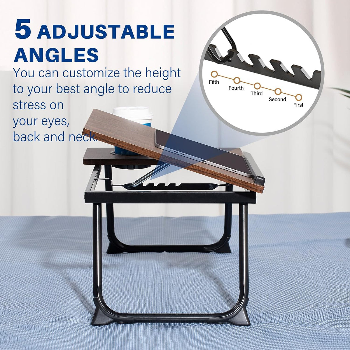 Laptop Desk for Bed Couch, Adjustable Foldable Bed Table with Cup Holder