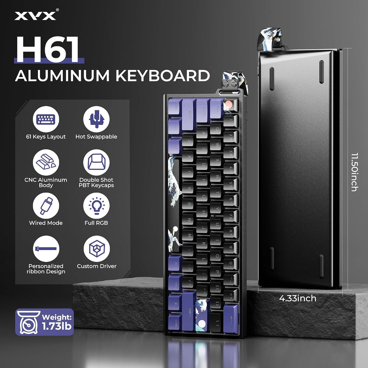 HITIME x XVX 60% Percent Keyboard with Strap, H61 Wired Aluminum Gaming Keybo...