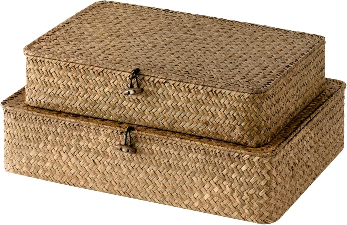 StorageWorks Wicker Basket with Lid, Large Seagrass Storage Basket with Lid