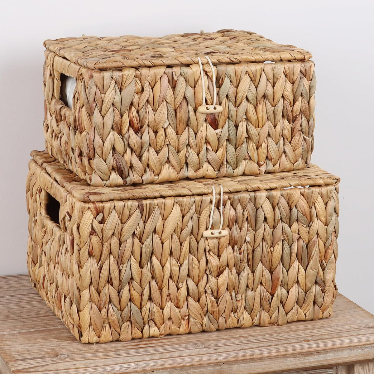 Moosky Wicker Shelf Baskets with Lid, Rectangular Storage Basket Bins with Ha...