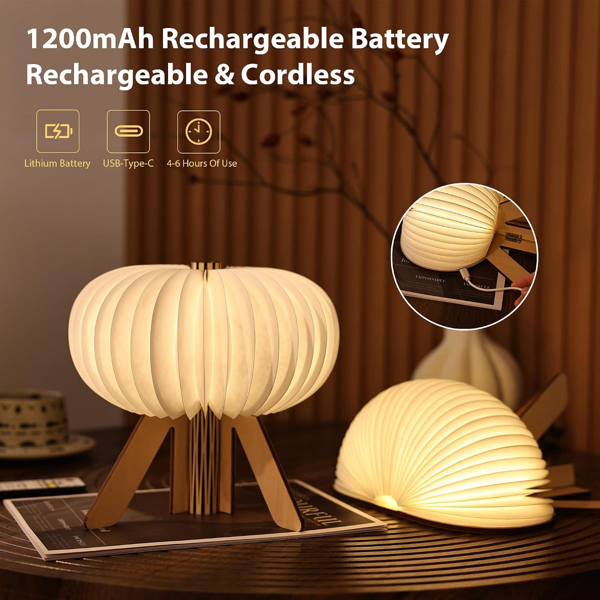 Pumpkin Table Lamp, Portable Night Light, Rechargeable Paper Lamp