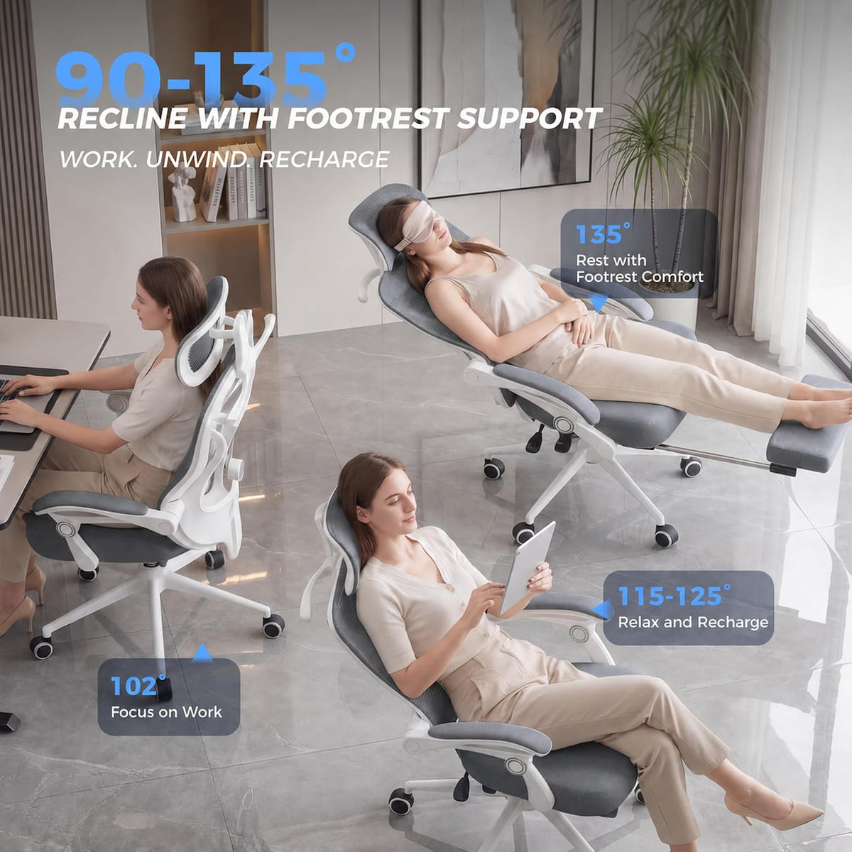 CYKOV Ergonomic Office Chair with Footrest, Reclining Mesh Back, 350 Lbs