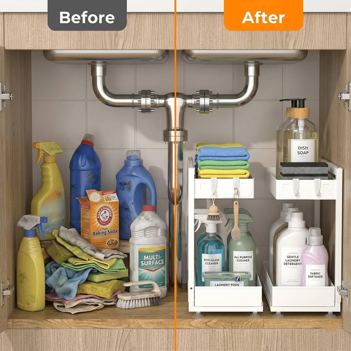 TATAANTY Under Sink Organizer, L-Shaped Metal 2-Tier Double Pull-Out Drawer f...