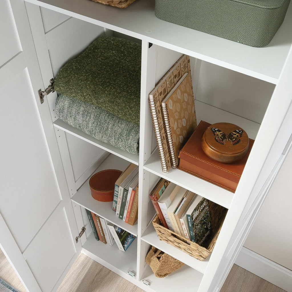 sauder select storage cabinet/ pantry cabinets, white finish showing dimensions