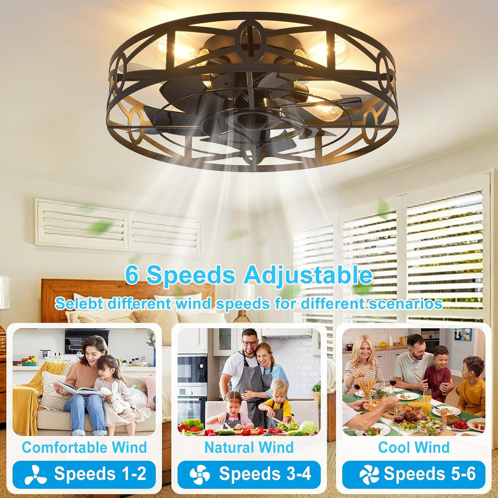 depuley flush mount ceiling fan: 20" caged ceiling, side view