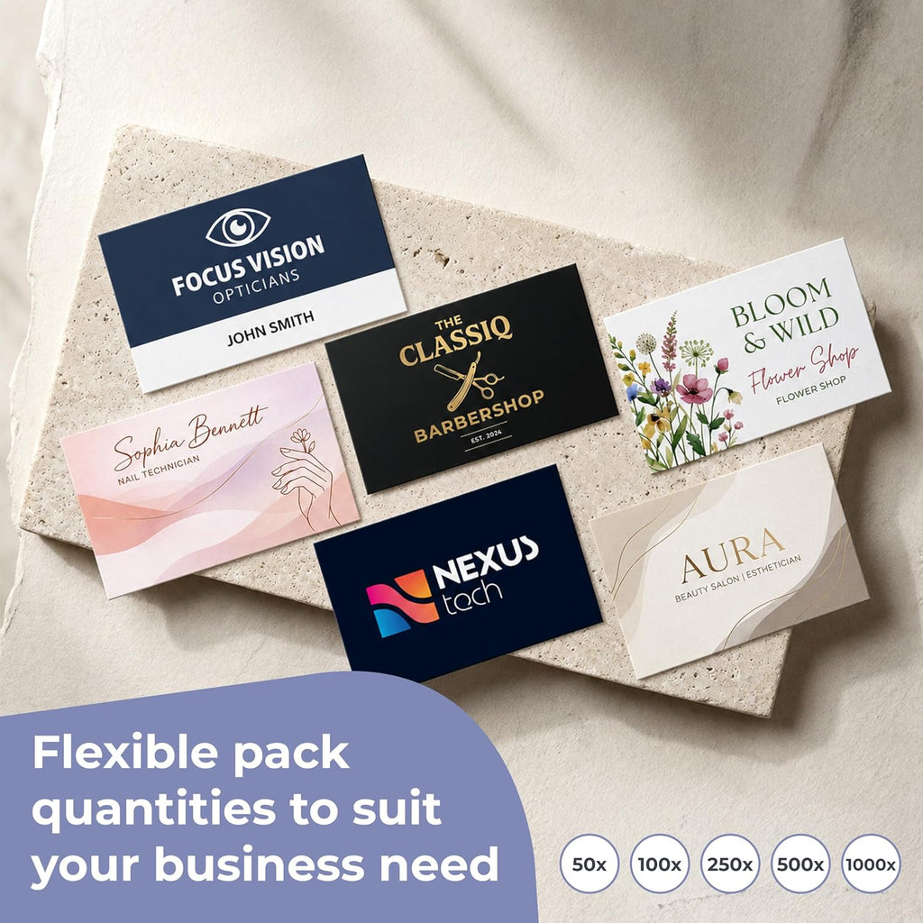 custom business cards, packs of 50 to 1000 on a desk or shelf